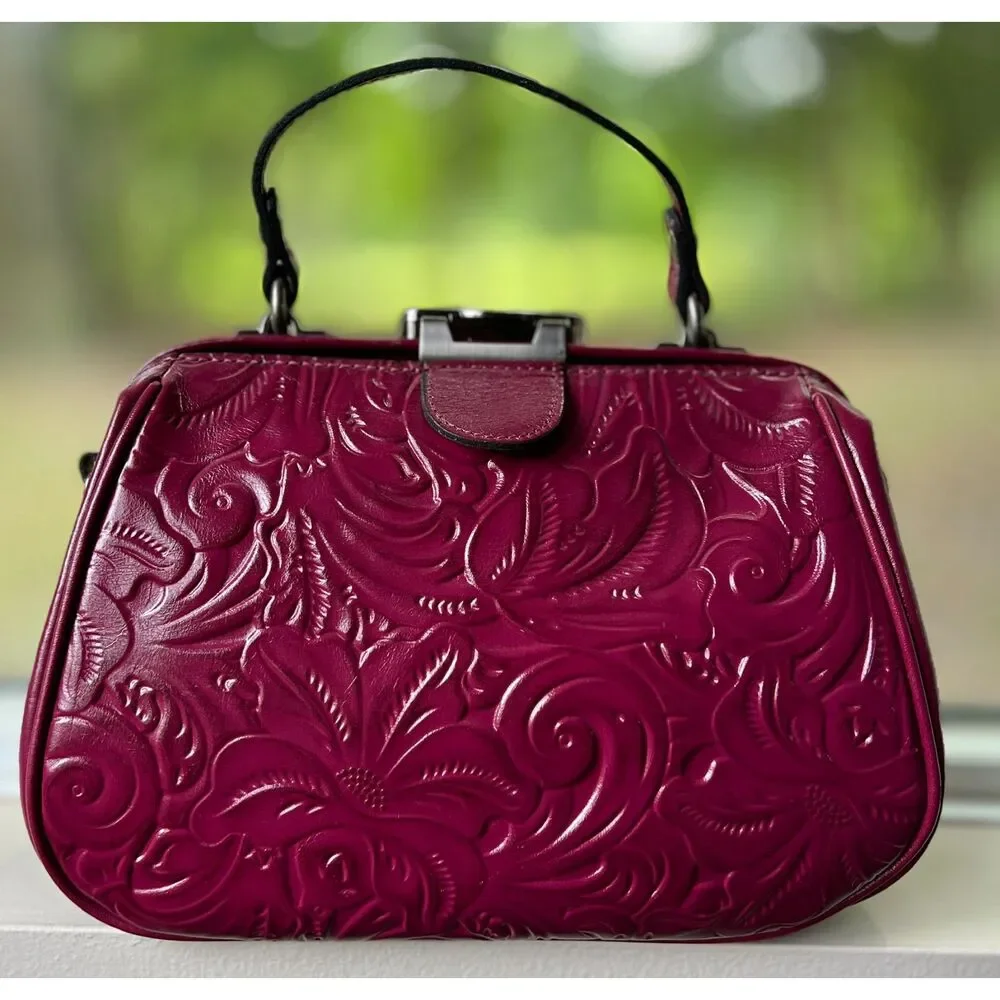 NWOT Patricia Nash Tooled Leather Gracchi Frame Satchel in Magenta